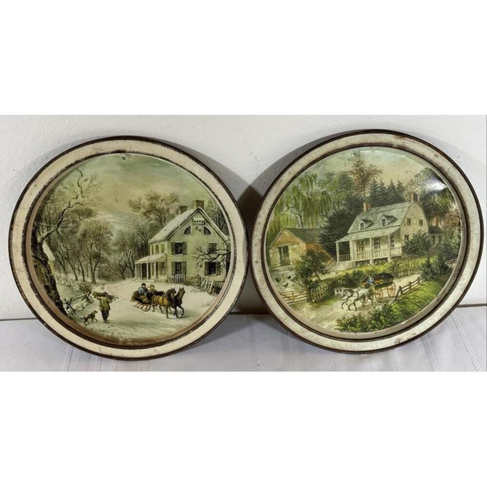 Vintage Currier & Ives Tin Plates Set of 2 11” Homestead Winter Summer Americana